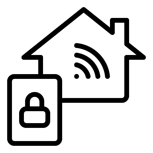 Line icon featuring a house with a Wi-Fi signal and a mobile device showing a secure padlock.