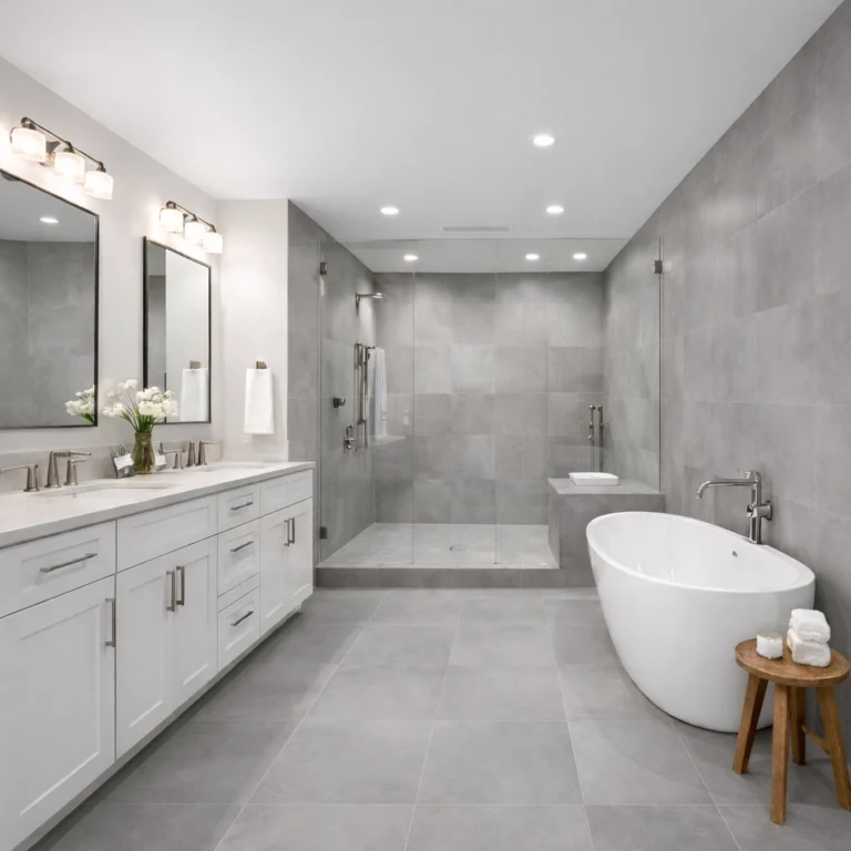 Modern bathroom featuring a large glass walk-in shower, freestanding white tub, and double vanity.
