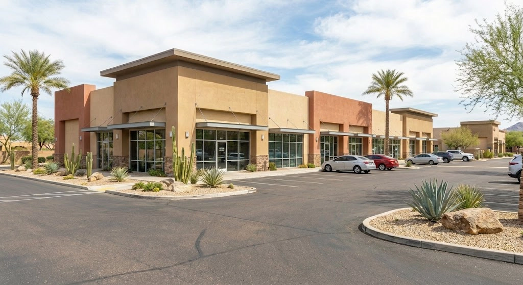 Modern tan commercial office building with desert landscaping, metal awnings, and large glass storefront windows.