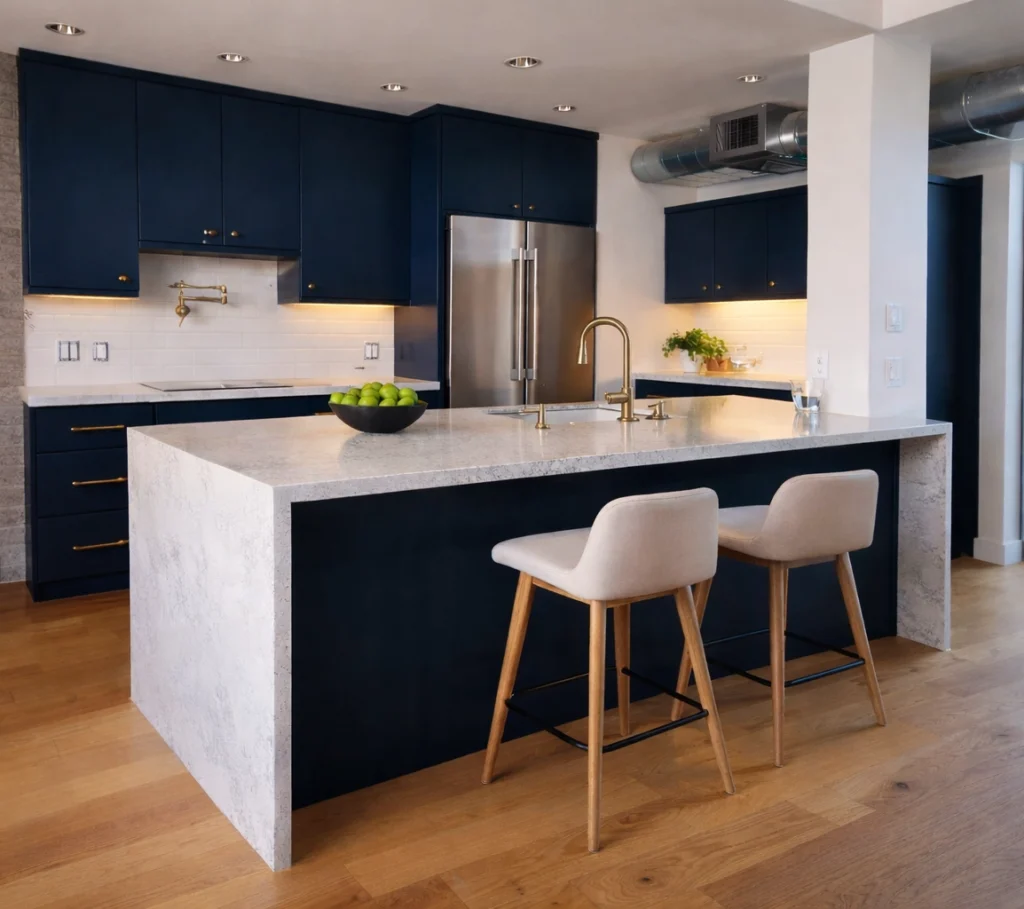 Modern kitchen featuring navy blue cabinets, gold hardware, and a white quartz waterfall island with bar stools.
