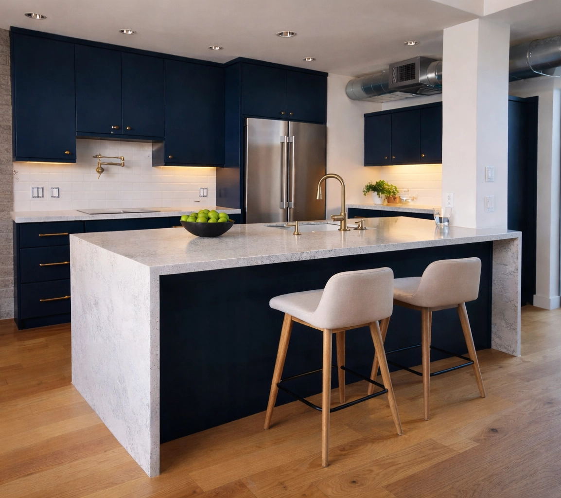 Modern kitchen featuring navy blue cabinets, gold hardware, and a white quartz waterfall island with bar stools.