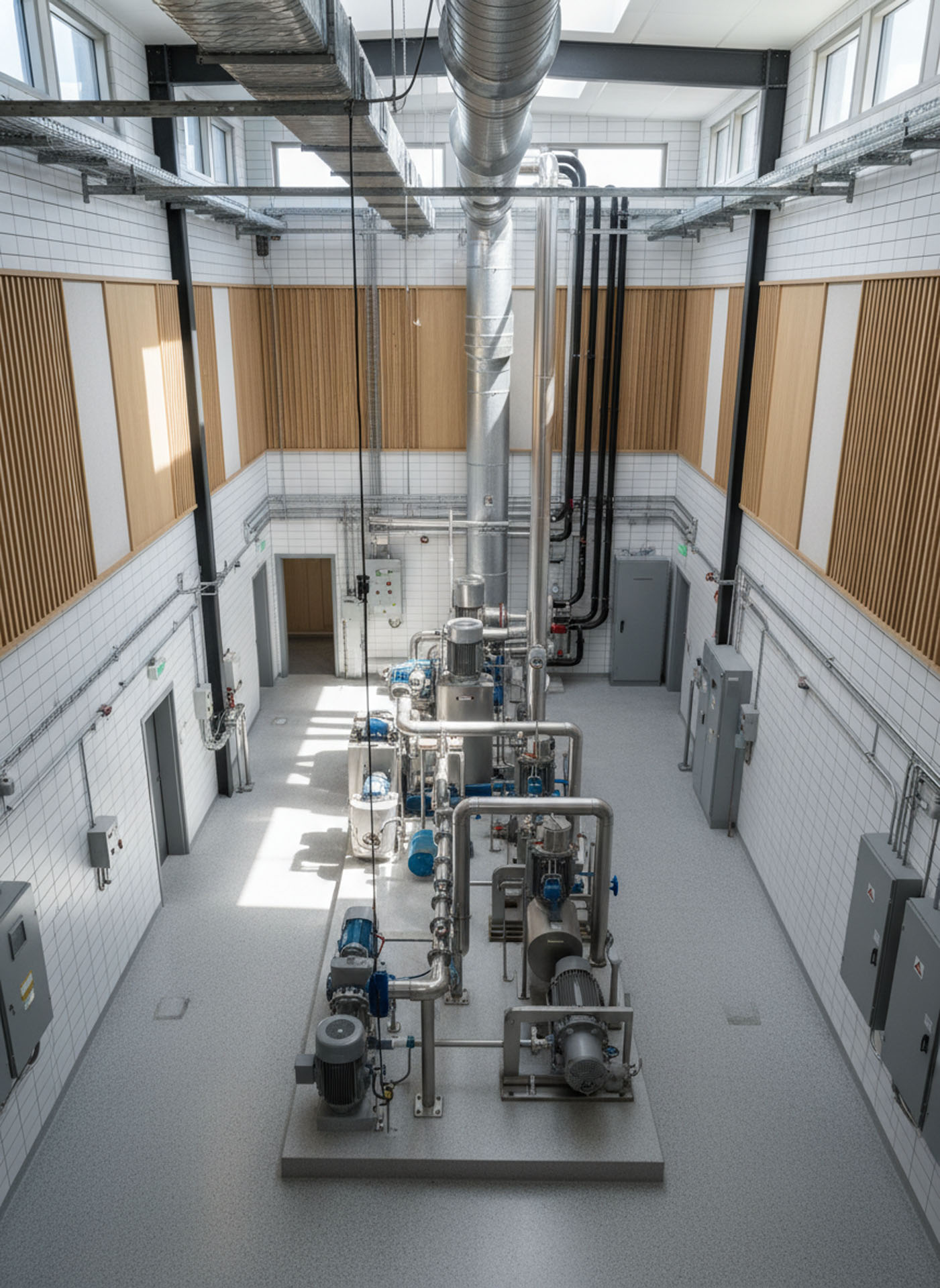 High-angle view of industrial pumps, stainless steel piping, and electrical panels in a clean utility facility.