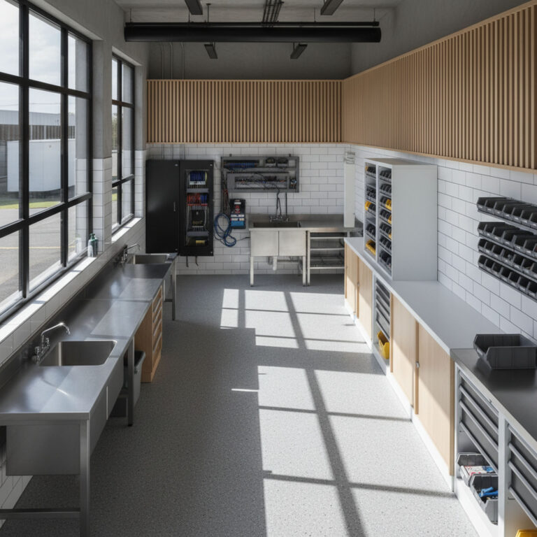 Industrial workshop with stainless steel counters, white subway tiles, and custom wood cabinetry.
