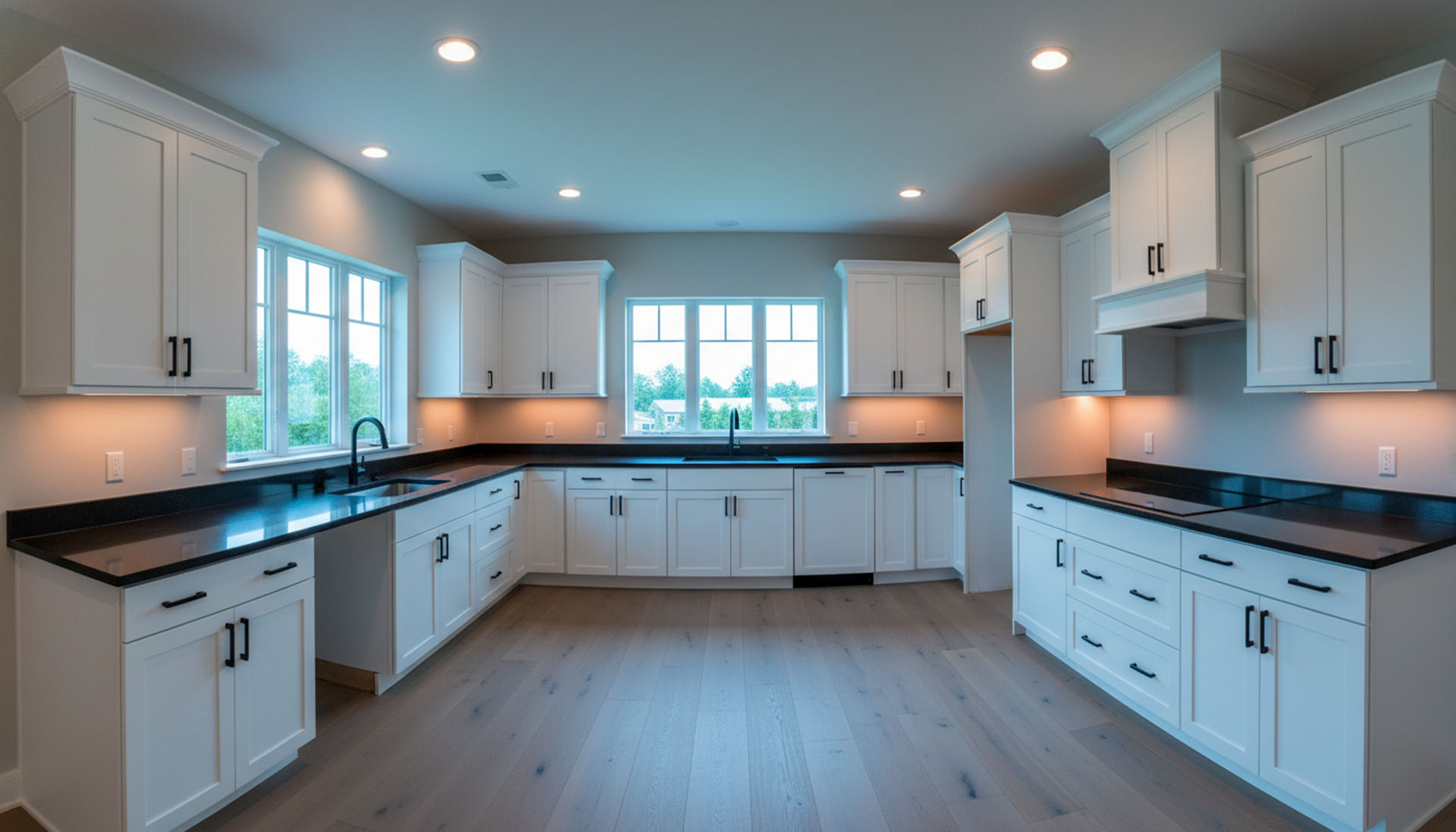 Spacious kitchen featuring white shaker cabinets, dark granite countertops, black hardware, and light wood flooring.