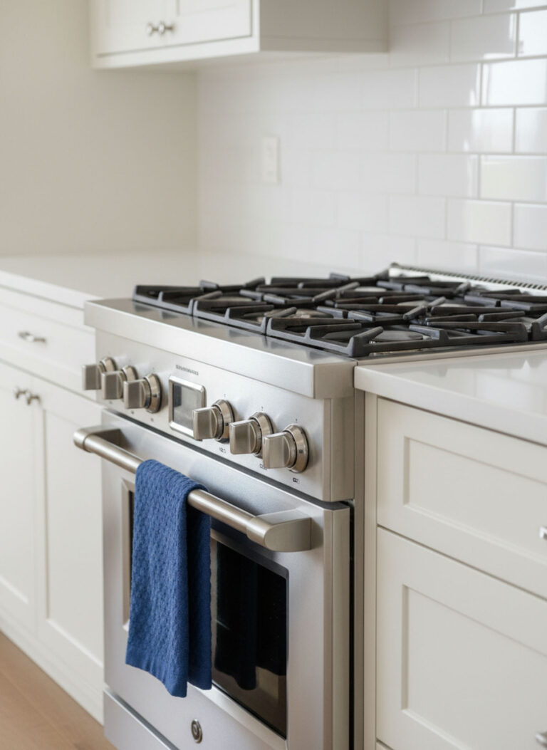 Professional-grade stainless steel gas range installed in a modern kitchen with white shaker cabinets and subway tile.