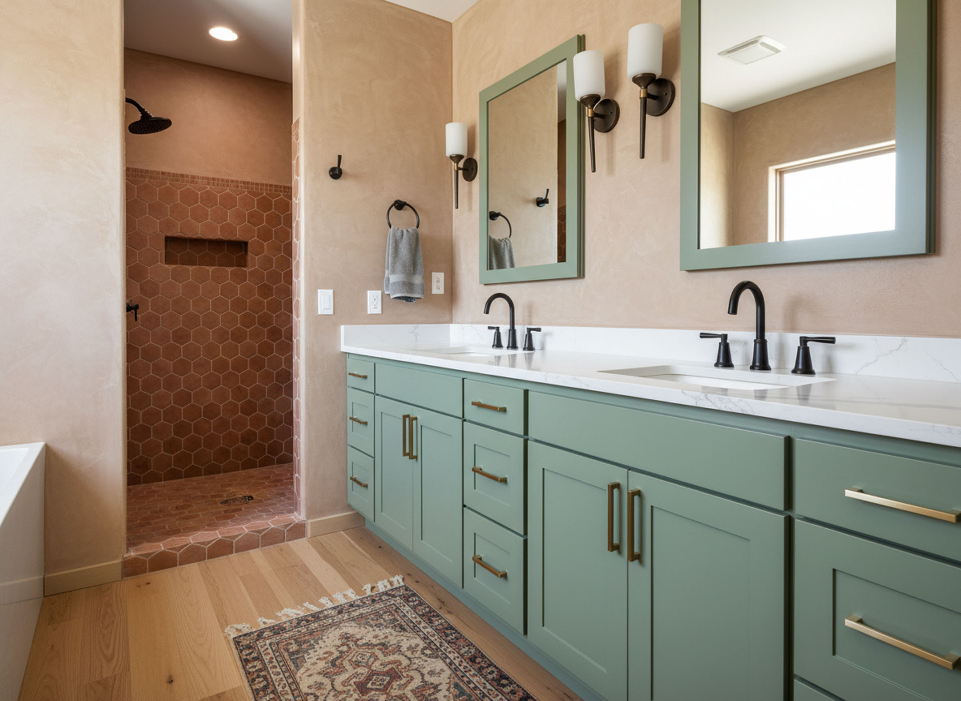 Modern master bathroom featuring sage green cabinets, white quartz counters, and terracotta hexagonal shower tiles.