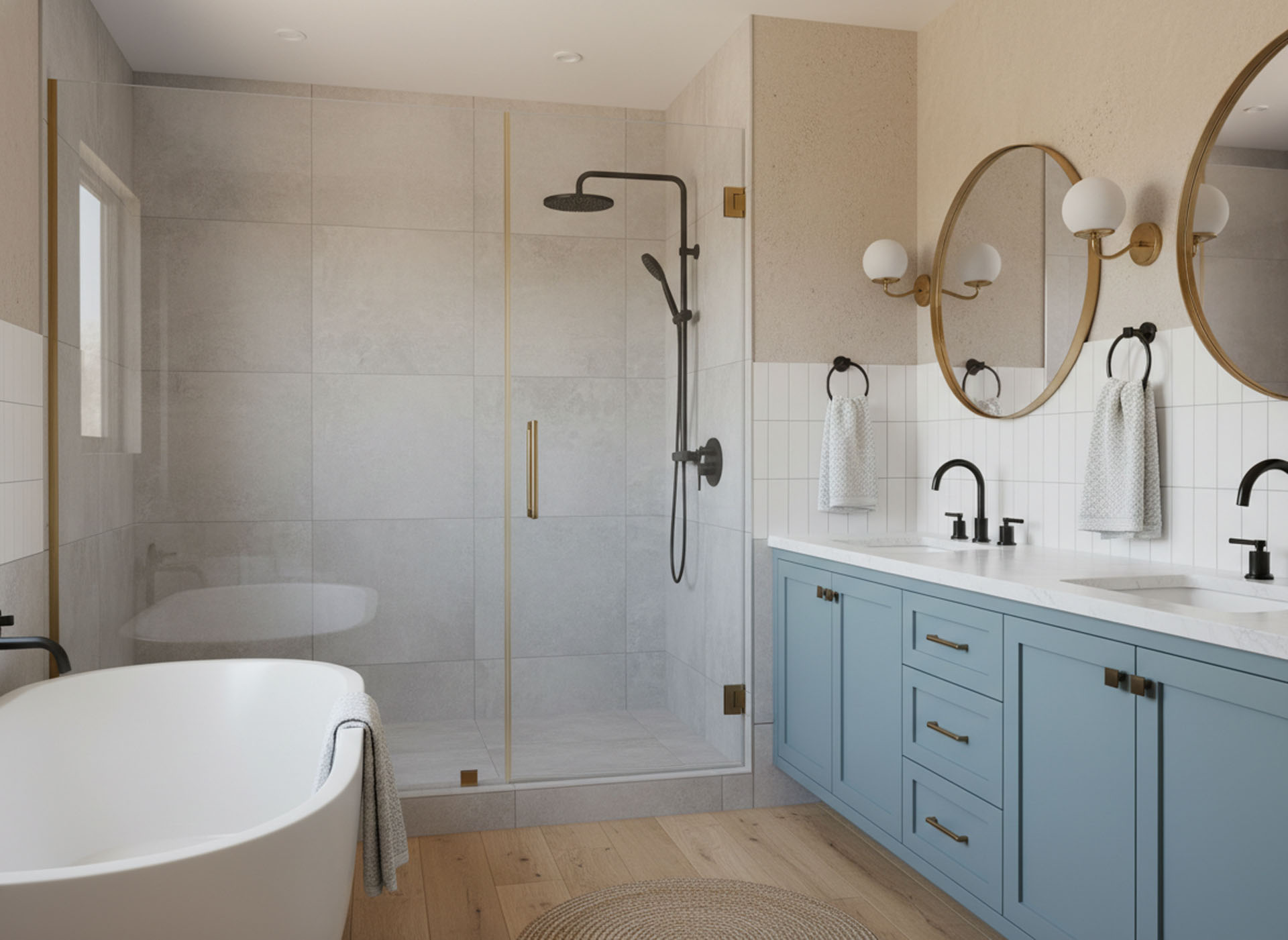 Modern bathroom with light blue double vanity, black faucets, gold round mirrors, and a glass-enclosed shower.