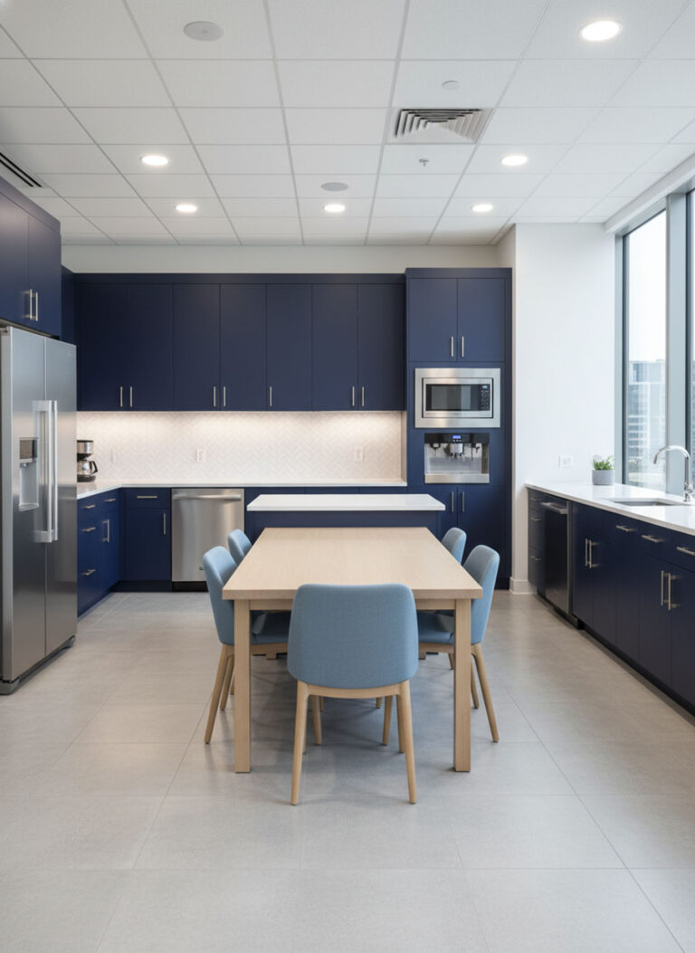 Modern commercial breakroom with navy blue cabinets, white countertops, and a wooden dining table with blue chairs.