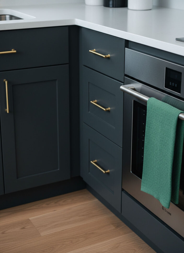 Close-up of charcoal gray shaker kitchen cabinets with sleek gold handles and a white quartz countertop.