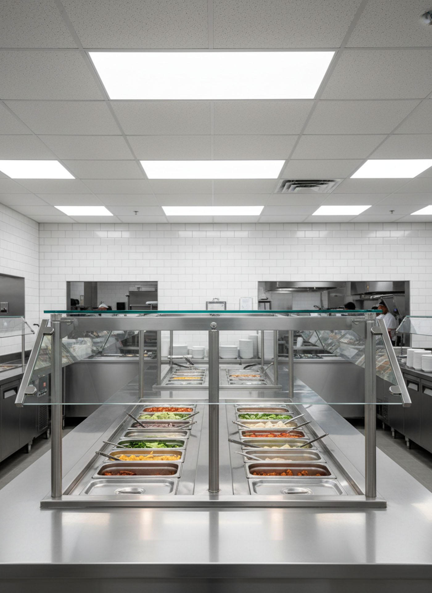 Stainless steel food service line with glass sneeze guard in a modern commercial kitchen remodel with white tiling.