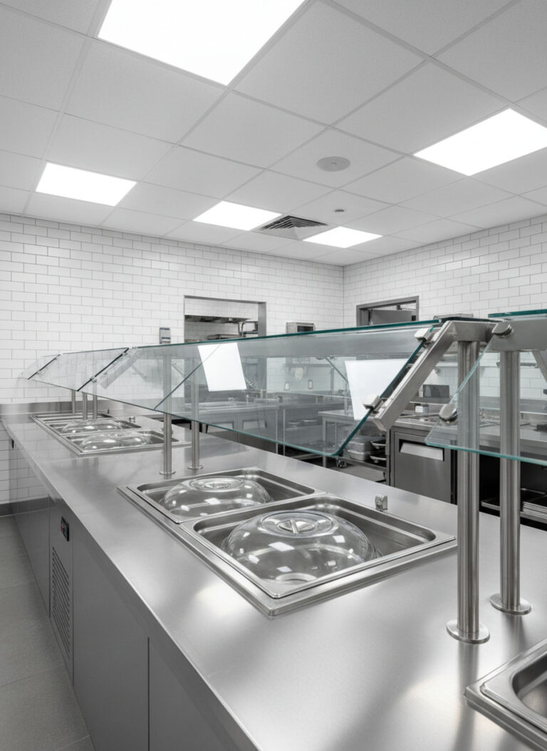 Modern stainless steel commercial kitchen serving line with glass sneeze guards and subway tile walls.