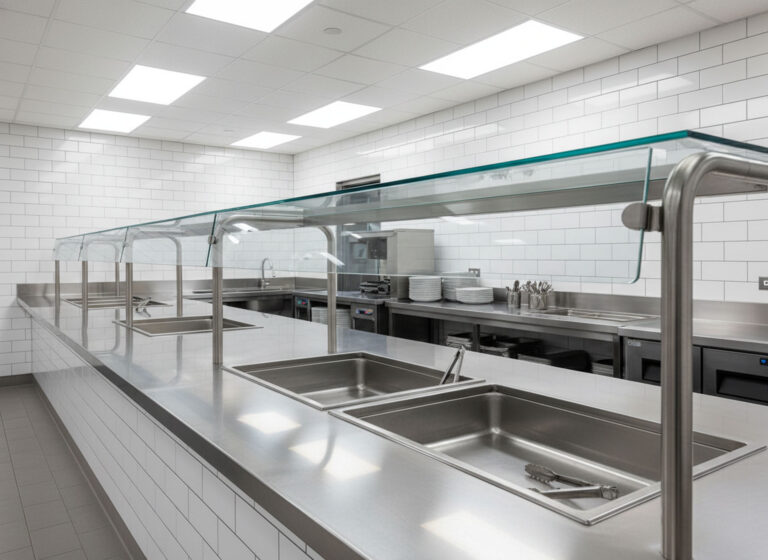 Commercial cafeteria serving line with stainless steel counters, glass sneeze guards, and white subway tile.