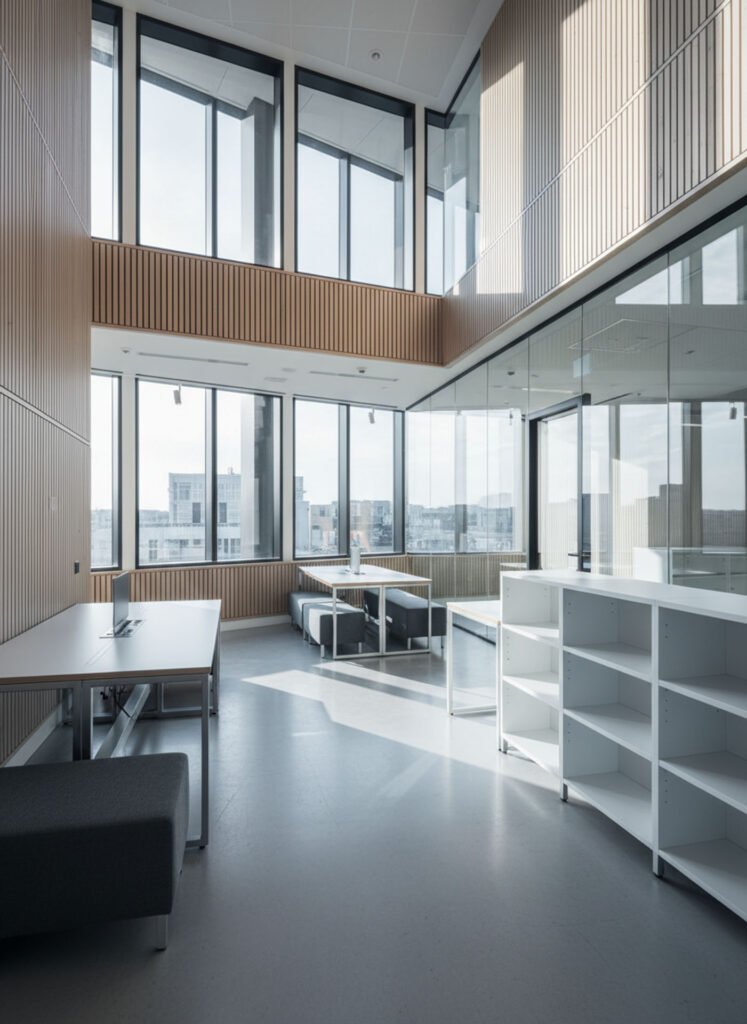 Bright modern office with wood slat walls, floor-to-ceiling windows, and minimalist white furniture.