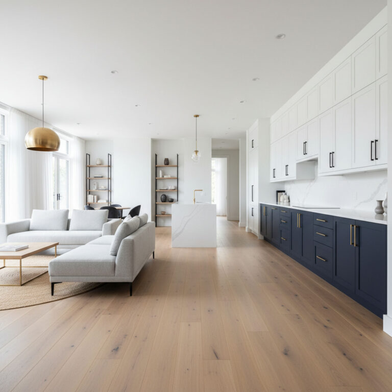 Modern kitchen with navy and white cabinets, marble waterfall island, and light oak floors opening to a living room.