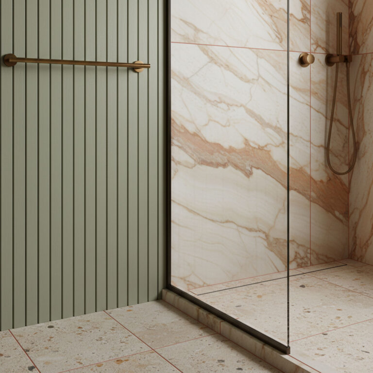 Modern walk-in shower featuring marble wall panels, a sage green fluted accent wall, and beige terrazzo floor tiles.