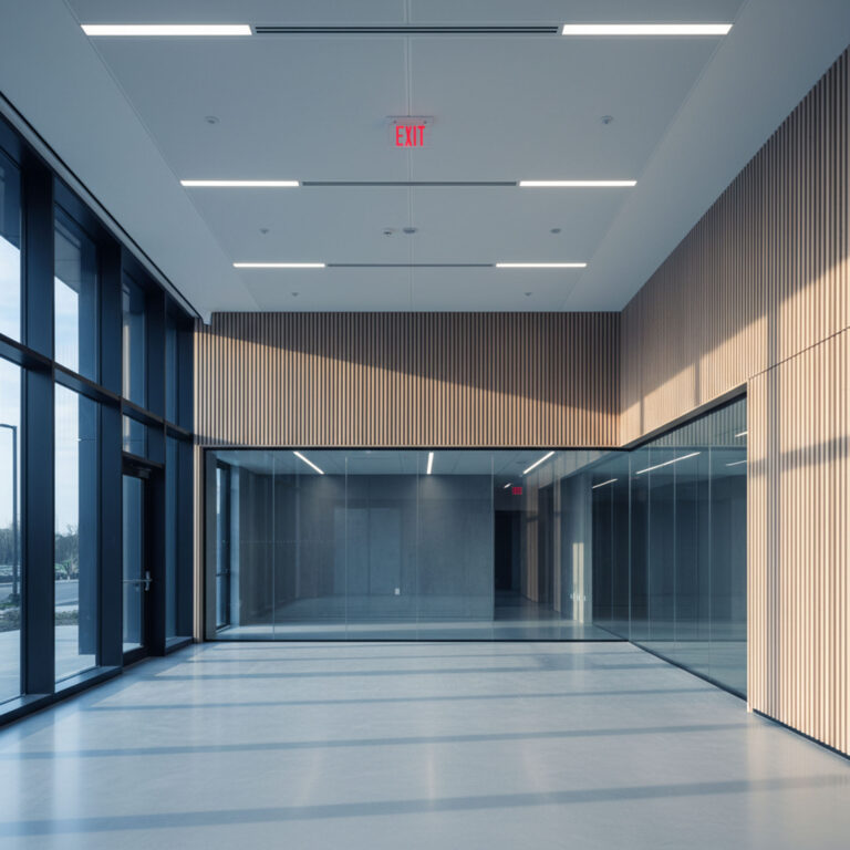 Minimalist commercial office space with floor-to-ceiling windows, glass partitions, and vertical wood slat wall panels.