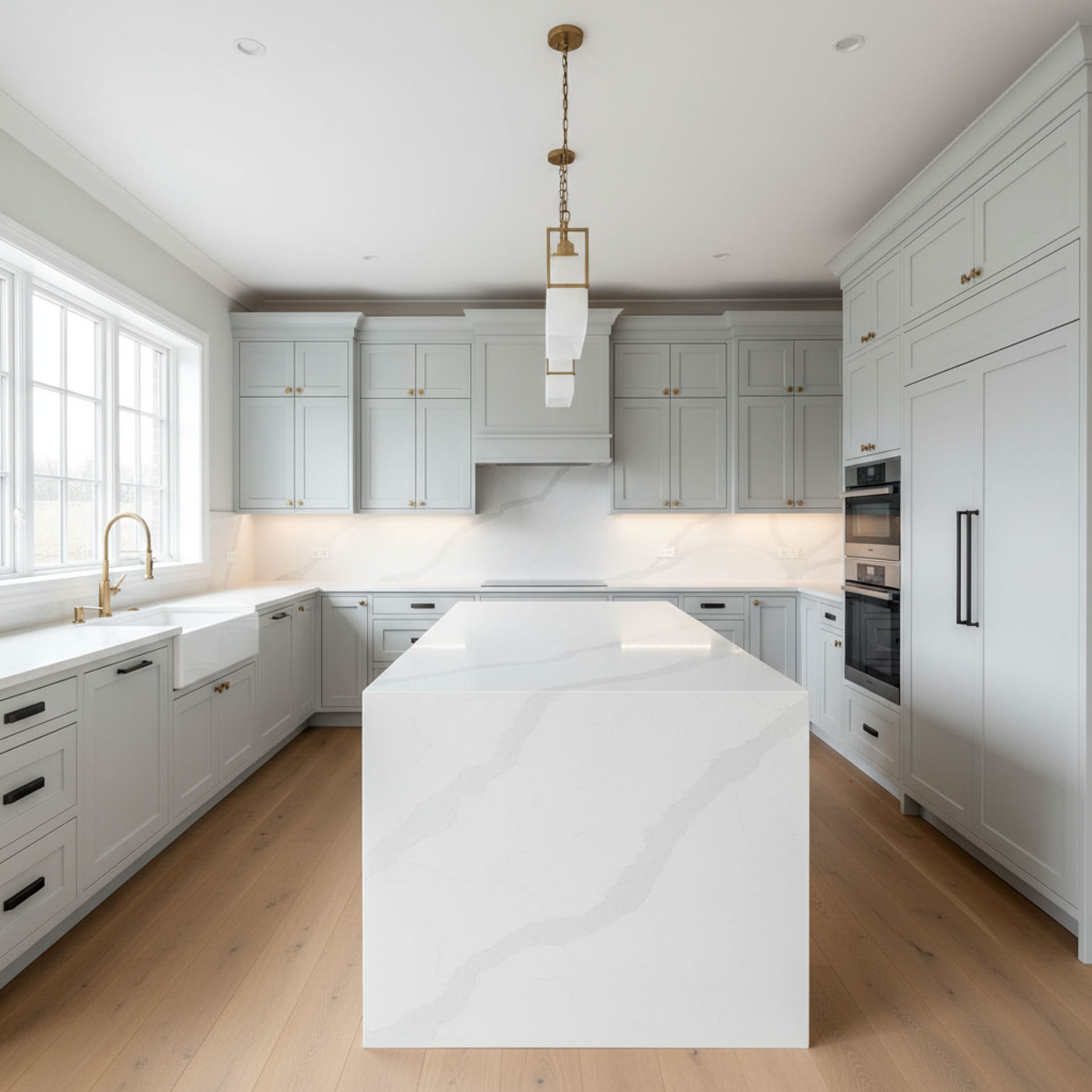 Modern kitchen featuring light grey shaker cabinets, white quartz waterfall island, gold fixtures, and oak flooring.