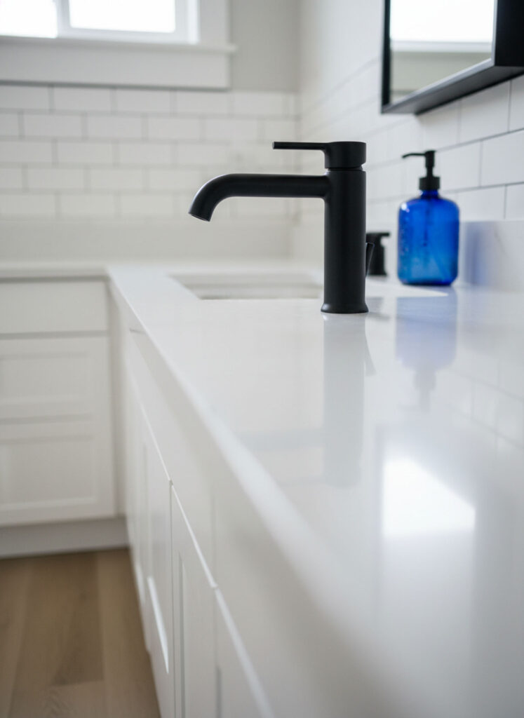 Modern matte black Bathroom Remodel faucet on a white quartz vanity with white subway tile backsplash.