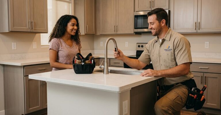 A professional technician showing a homeowner a new pull-down kitchen faucet in a modern grey kitchen.
