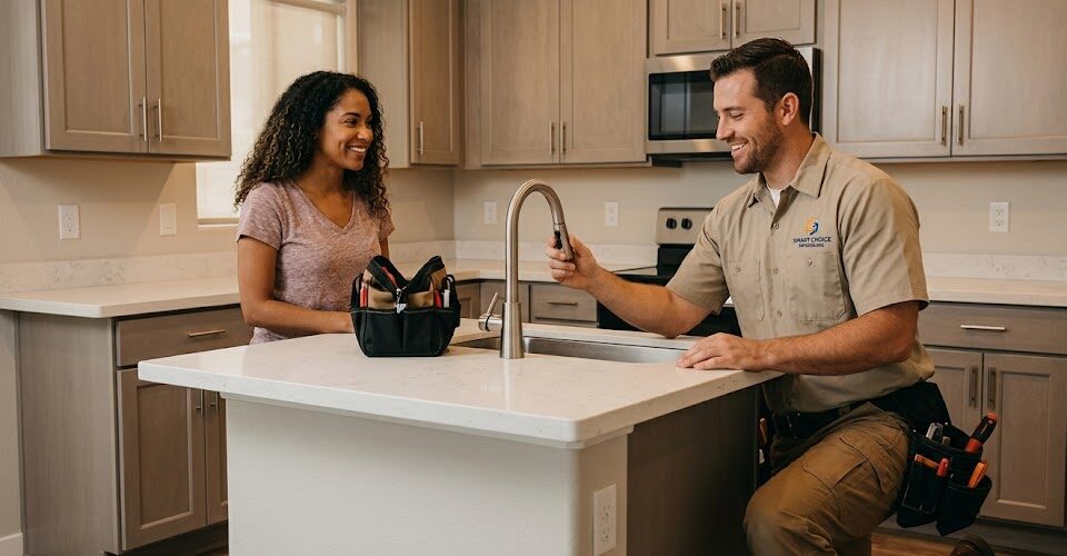 A professional technician showing a homeowner a new pull-down kitchen faucet in a modern grey kitchen.
