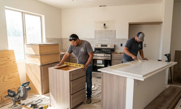 Two professional contractors installing and leveling kitchen cabinets and countertops in a modern home.