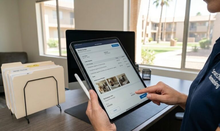 Contractor using a tablet to review a digital work order for a home remodeling project in an office.
