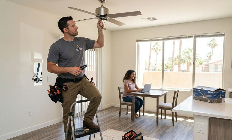 Professional technician installing a modern silver ceiling fan in a bright residential living area.