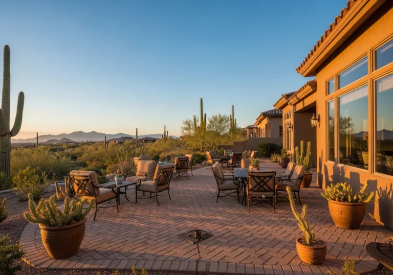 Luxury brick paver patio with desert landscaping, saguaro cacti, and comfortable outdoor seating at sunset.