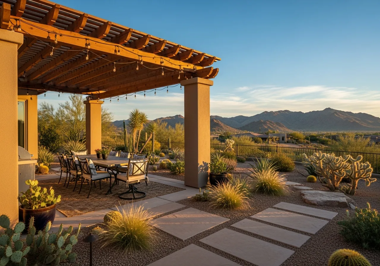 Modern desert patio featuring a large wooden pergola, outdoor dining set, and cactus landscaping.