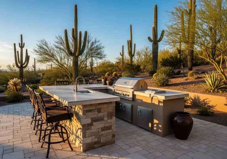 Luxury stone outdoor kitchen island with stainless steel grill and bar seating set against a desert landscape.