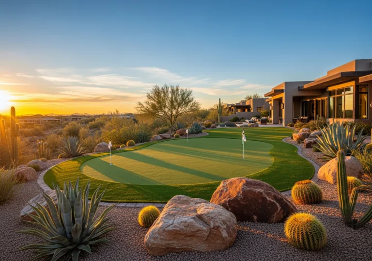 Backyard putting green with artificial turf surrounded by saguaro cacti and barrel cacti at sunset.