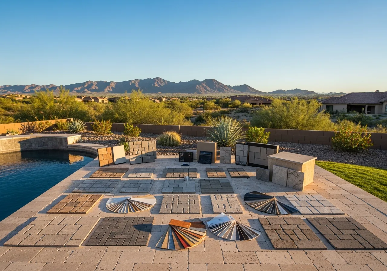 Stone paver samples, tiles, and color swatches arranged on a pool patio with a vast desert and mountain view.