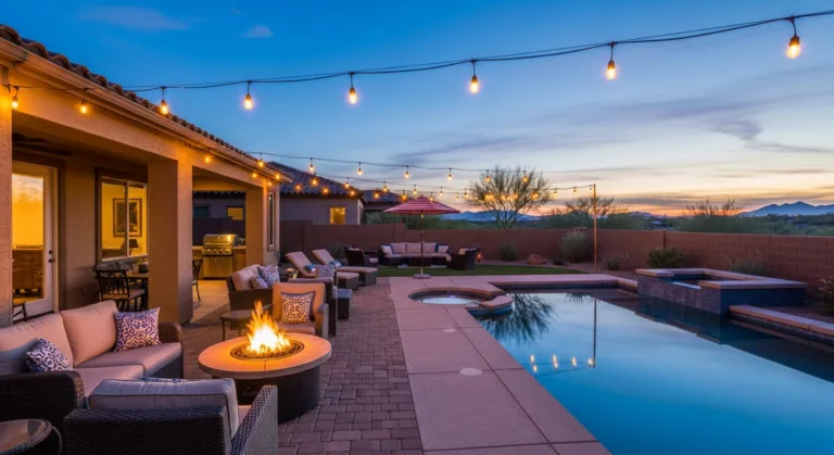 Modern backyard patio featuring a swimming pool, integrated hot tub, glowing fire pit, and string lights at sunset.