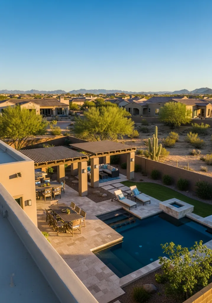 High-angle view of a custom backyard remodel with a geometric pool, travertine patio, and two pergolas overlooking a desert.