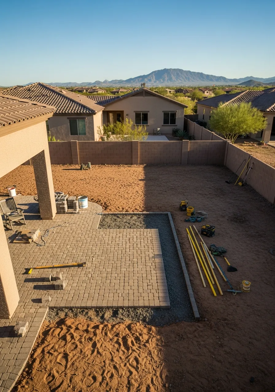 A residential backyard under construction featuring a newly installed stone paver patio and professional tools.