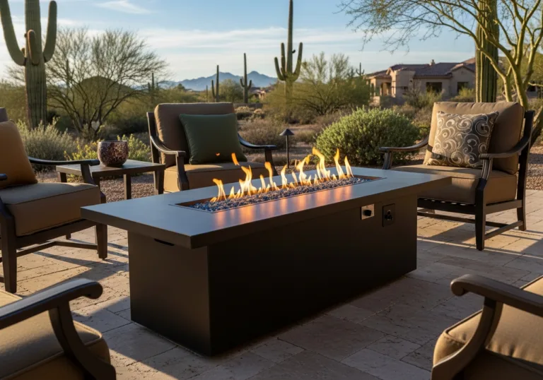 Modern black rectangular gas fire pit with blue glass media on a stone patio with desert cacti in the background.