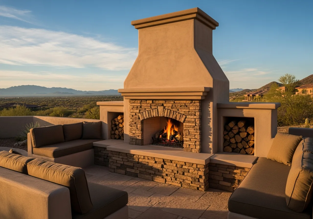 A grand stucco and stone outdoor fireplace with a warm fire, built-in wood niches, and patio seating.