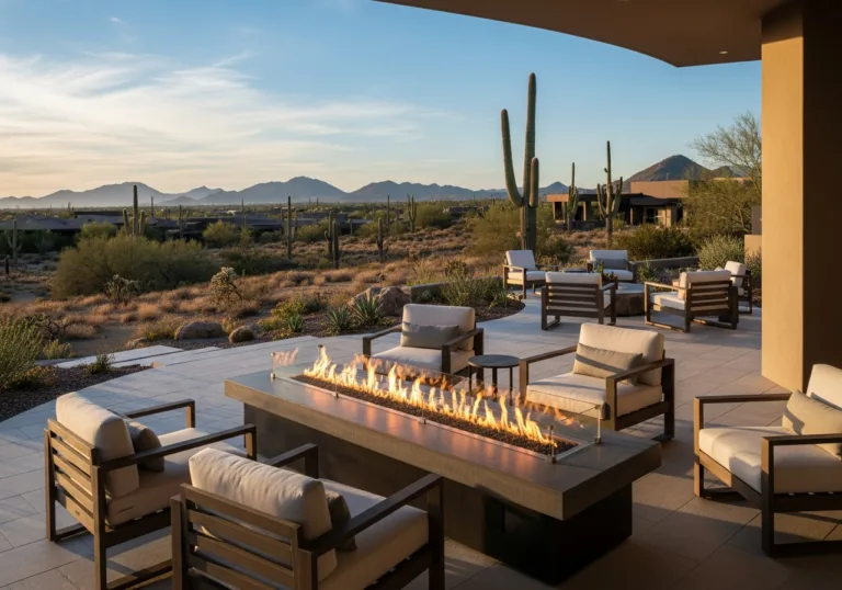 Modern outdoor patio with a long gas fire pit, cushioned lounge chairs, and a desert mountain landscape at sunset.
