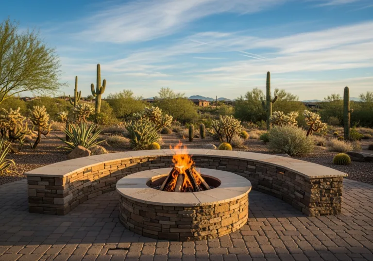 Circular stone fire pit with curved seating wall on a paver patio featuring saguaro cacti in the background.