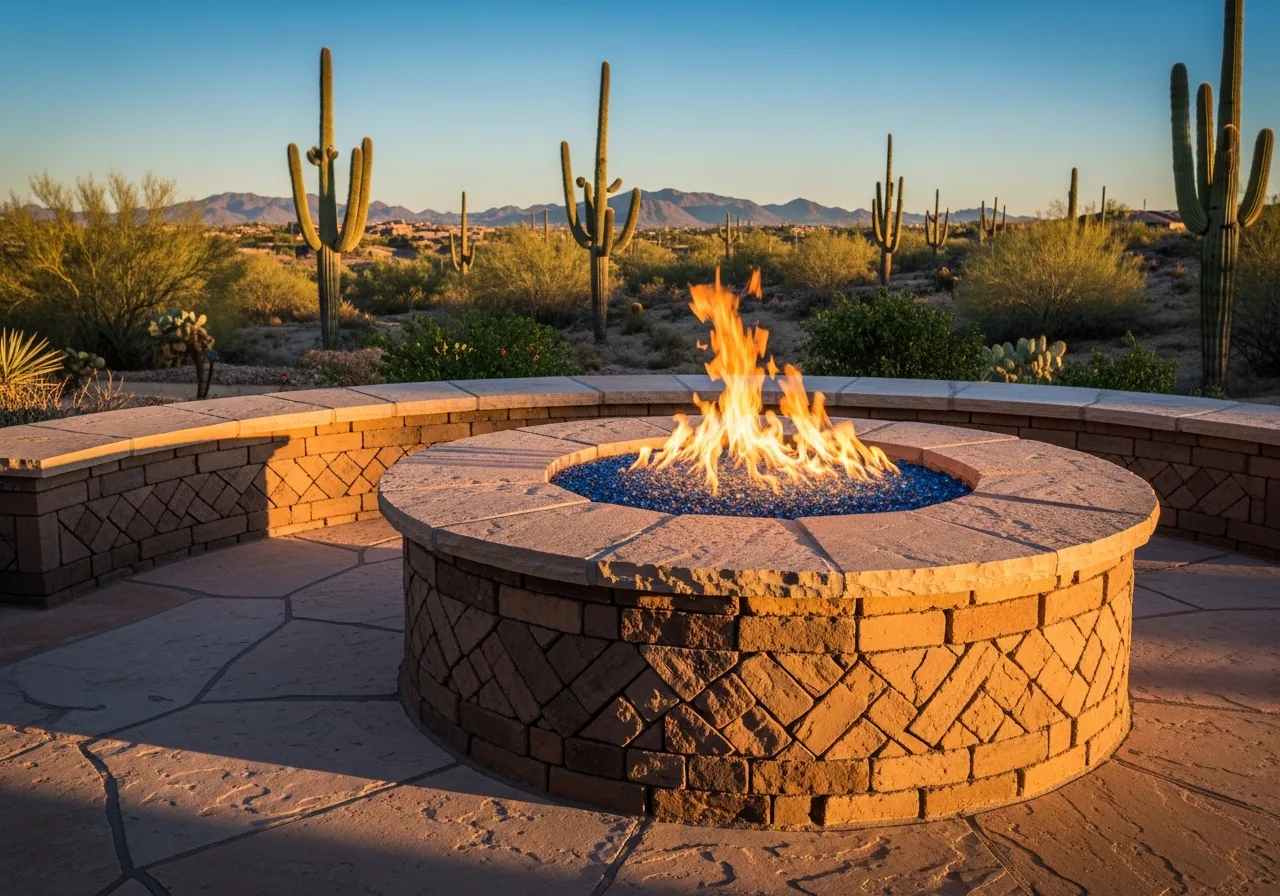 Circular stone fire pit with blue glass media and roaring flames on a desert patio at sunset.