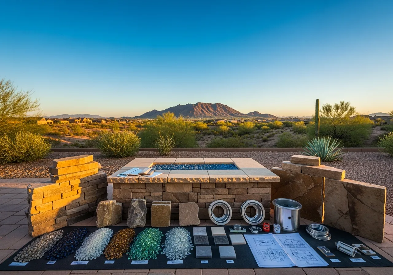 Selection of stone masonry, fire glass, and architectural blueprints for a custom outdoor fire pit project.