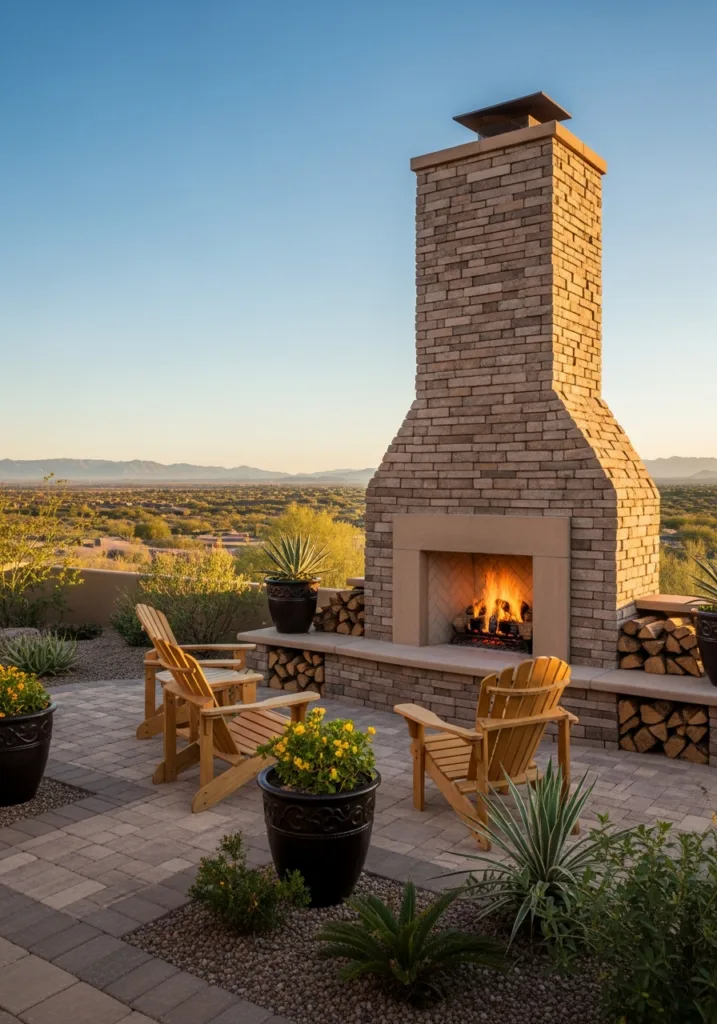 Tall brick fireplace with burning logs and wooden Adirondack chairs on a stone paver patio overlooking a desert valley.