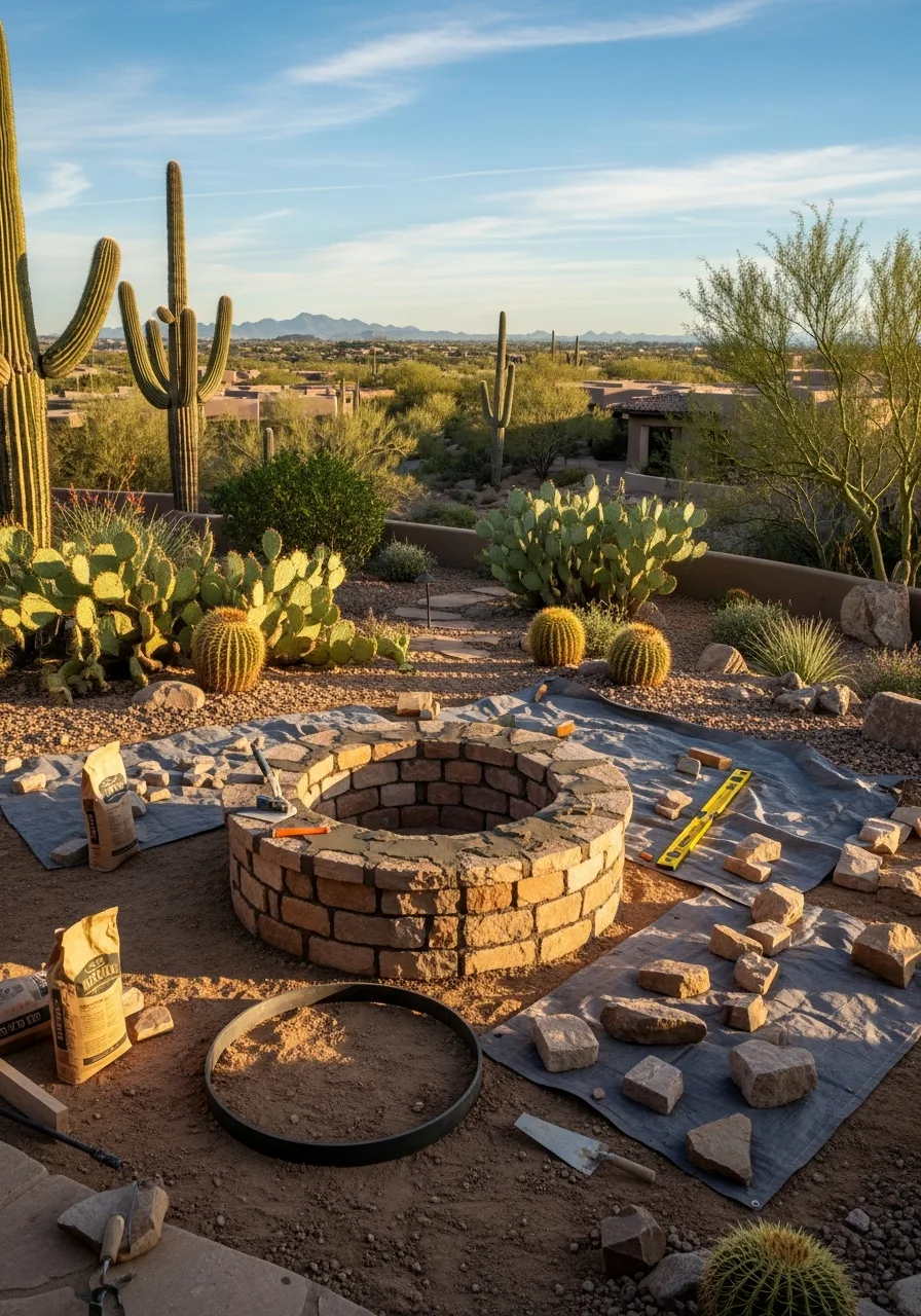 Circular stone fire pit under construction in a desert backyard featuring saguaro cacti and mountains.