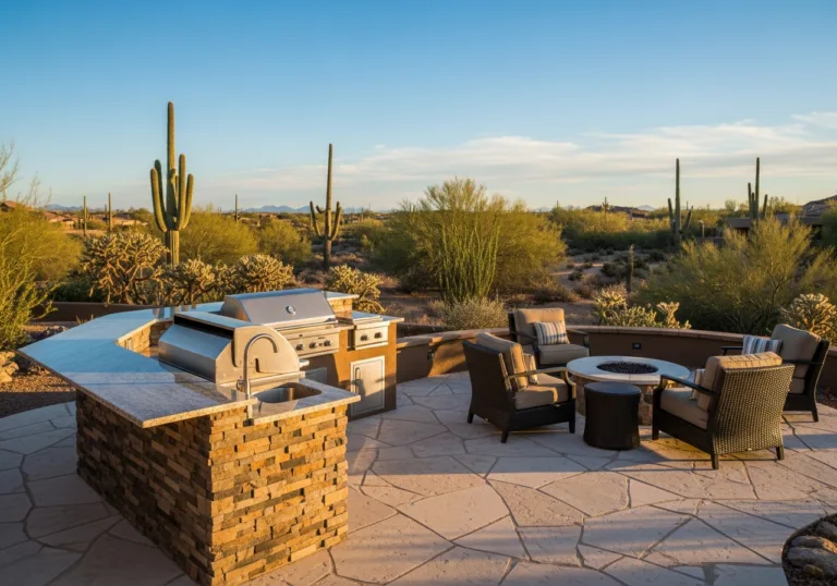 Stone-veneer outdoor kitchen with built-in grill and sink on a flagstone patio with a fire pit and desert views.