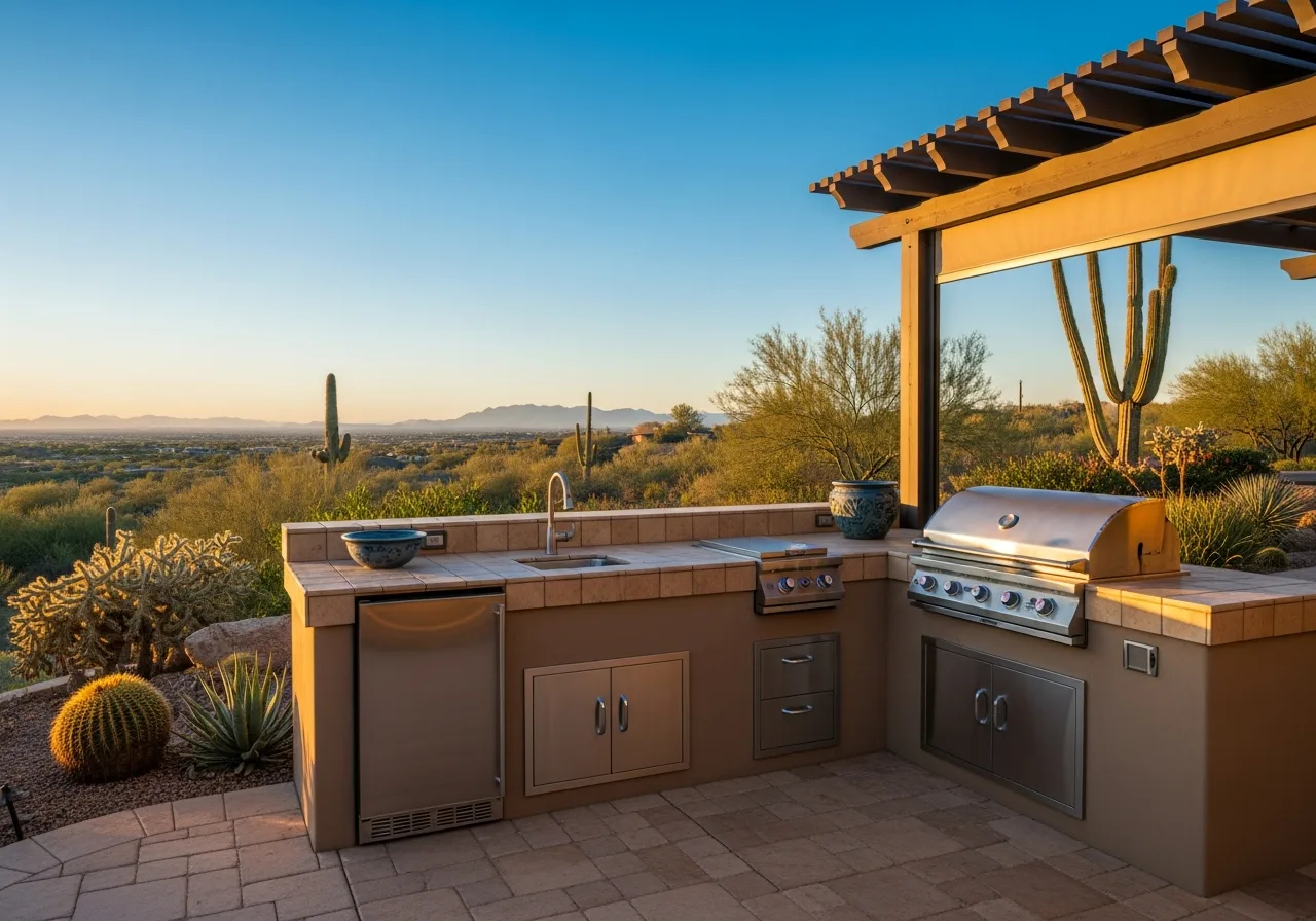 Custom outdoor kitchen with stainless steel grill, sink, and stone countertops overlooking a desert landscape at sunset.