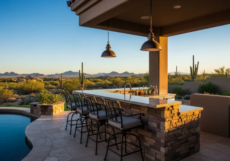 Custom stone-stacked outdoor kitchen bar with granite countertops and stools overlooking a desert pool.