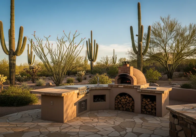 Custom desert outdoor kitchen featuring a wood-fired pizza oven, gas grill, and flagstone patio.