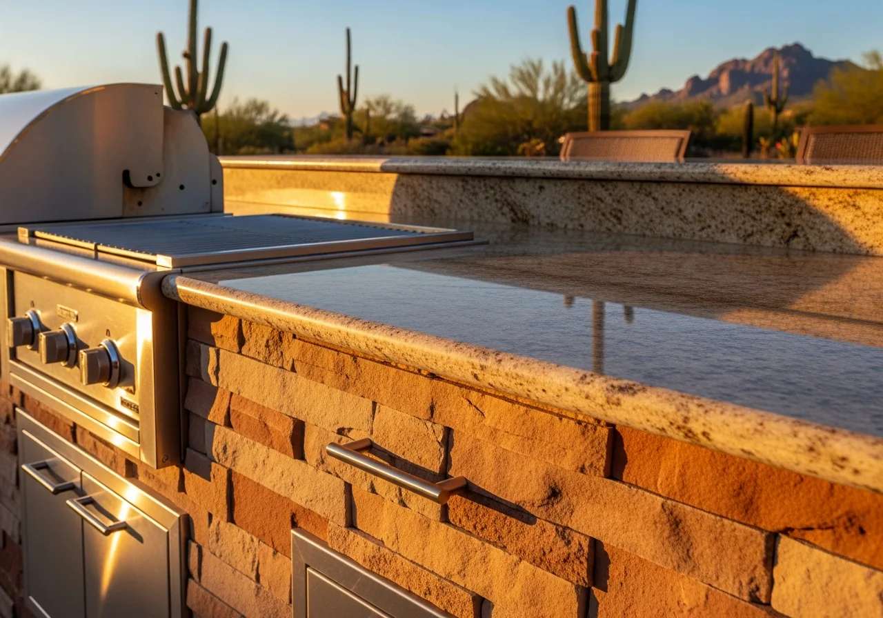 Stainless steel grill and granite countertop in a custom outdoor kitchen with stacked stone and desert views.