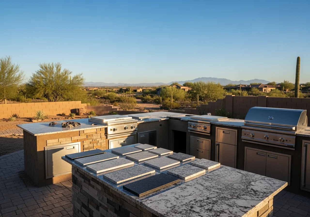 Custom outdoor kitchen featuring stainless steel grills and granite countertops against a scenic desert mountain backdrop.