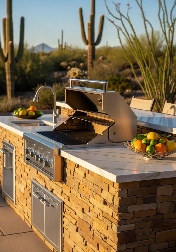 Built-in stainless steel grill on a stone veneer island with white marble countertops in a desert backyard.